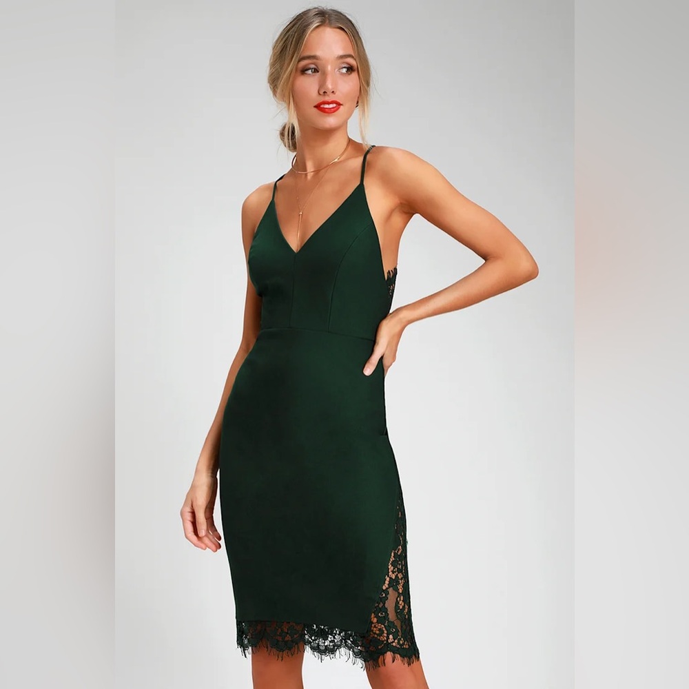 Lulu’s Only Want You Forest Green Lace Midi Dress Bodycon Slip NWT Homecoming